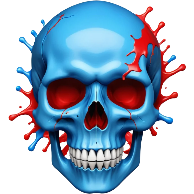 premium black skull with geometric brand patterns, striking electric blue and red paint splashes only within skull contours, perfect detailed fine art quality, three-quarter view emoji