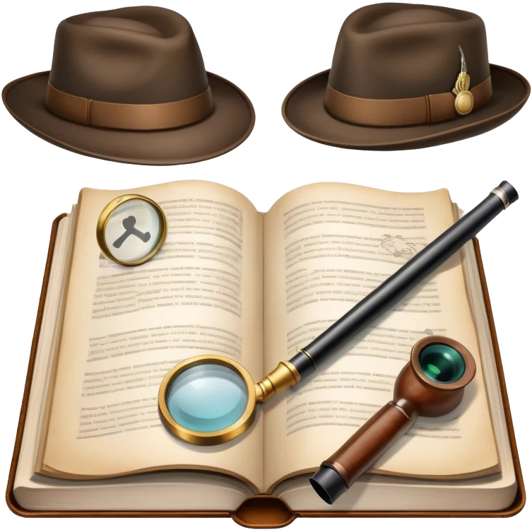 Icon for Detective Reading: an open book with text and a magnifying glass on the pages, a classic detective hat and a pipe, surrounded by clues like footprints, a revolver and a notepad. The icon should represent the mystery and intrigue of detective stories. Transparent background. emoji