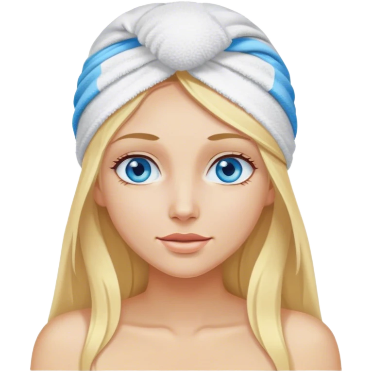 Cinematic realistic blonde with long hair and blue eyes, with a towel on her head emoji
