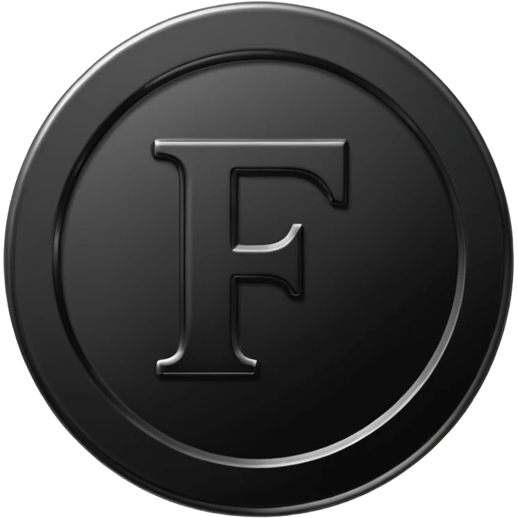 Emoji icon of a black coin with engraved letter F, minimalist style, isolated, no color emoji