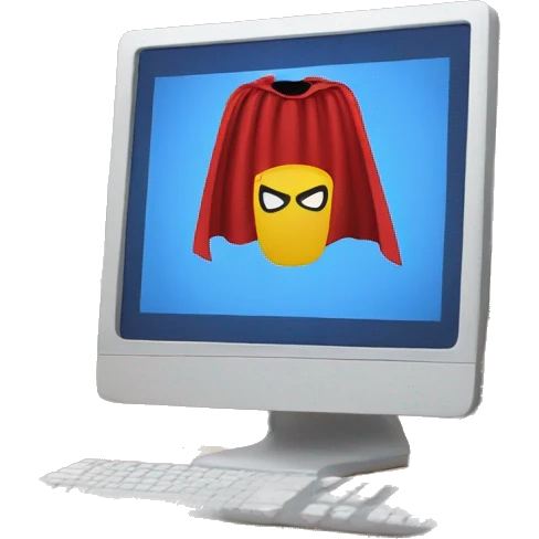 computer screen wearing a superhero cape emoji