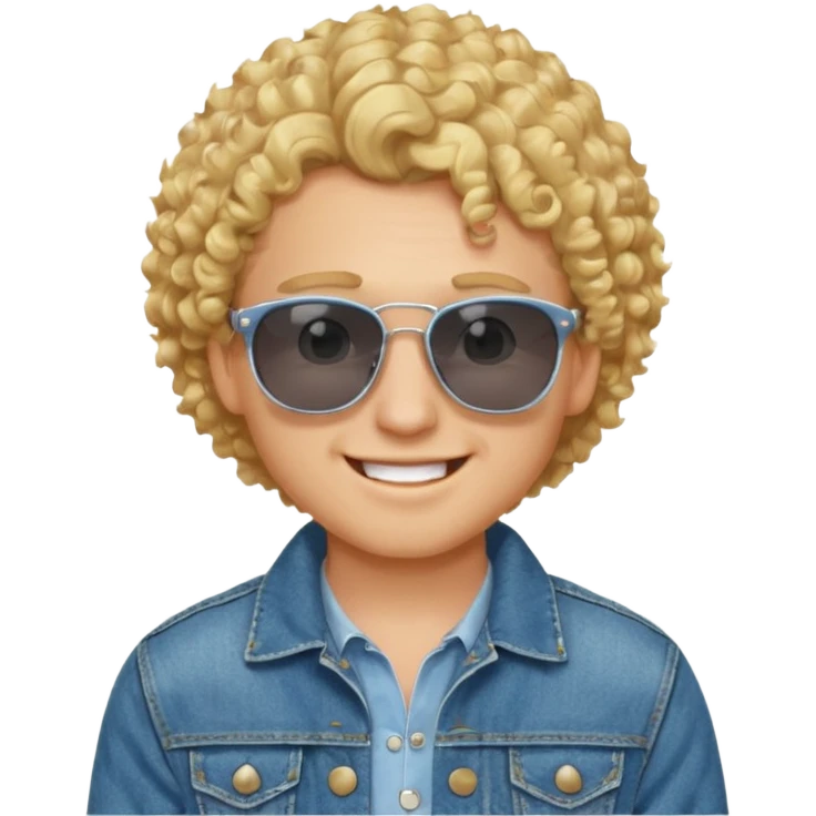 young gentleman emoji, curly blonde hair, wearing a denim jacket and sunglasses, cheerful expression emoji