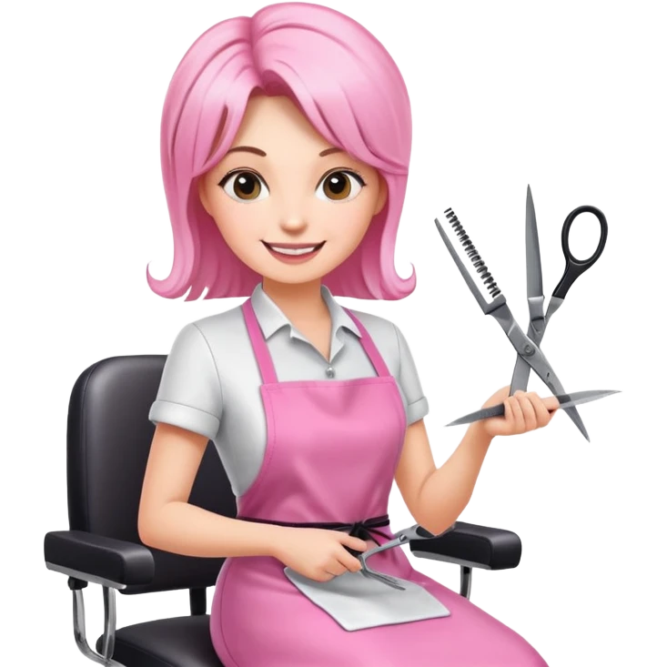 happy woman client in pink apron sitting in salon chair, female hairstylist smiling behind her with scissors emoji