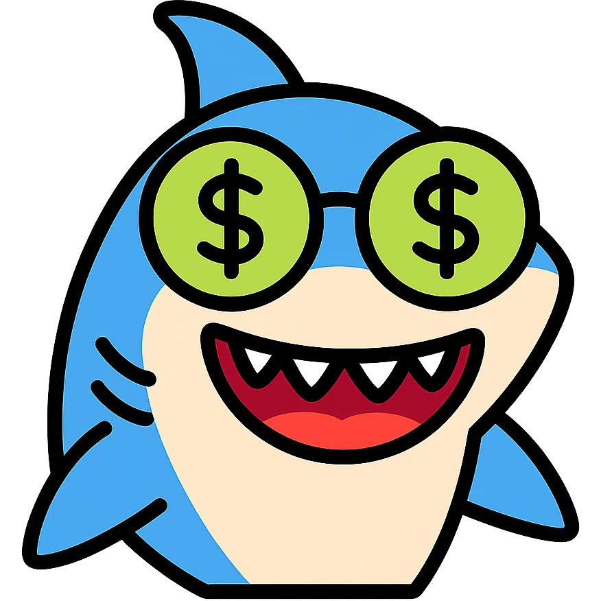 cartoon shark with money glasses, colored icon emoji