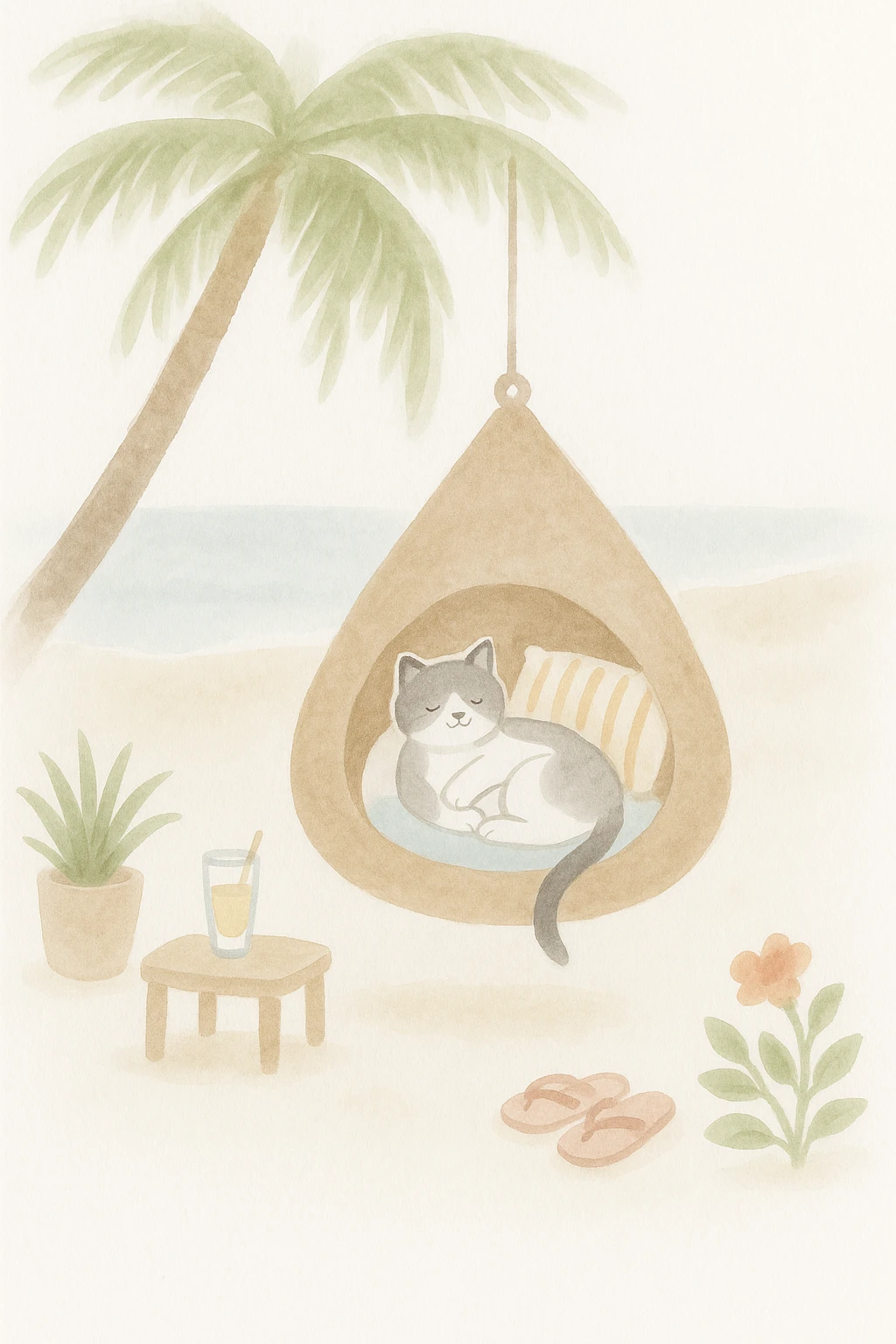 A cat lying in a hanging chair on the beach under a palm tree, with the sea, sand, a table with a drink, plants, and slippers nearby. Rendered in watercolor style with soft blurred lines, watercolor textures, and gentle colors. emoji