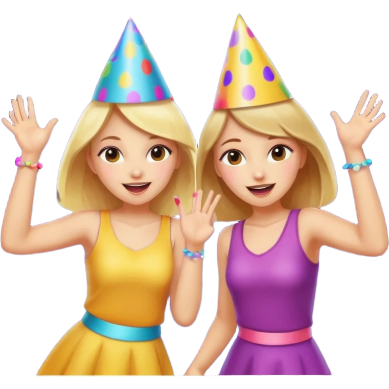 two girls having fun dancing at a party, colorful lights emoji