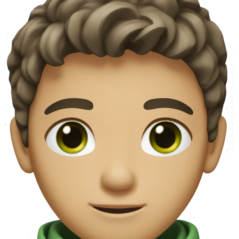 A teenage Polish boy with medium shoulder length dark brown hair, tan skin, green eyes emoji