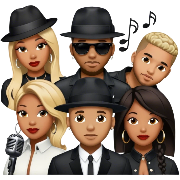 Icon for R&B Music: collage of R&B artists—Victoria Monét, Summer Walker, Usher, Chris Brown, and Muni Long. Each represented by a silhouette or symbolic item like a microphone, fedora, or music notes, reflecting the soul and energy of R&B. Transparent background. emoji