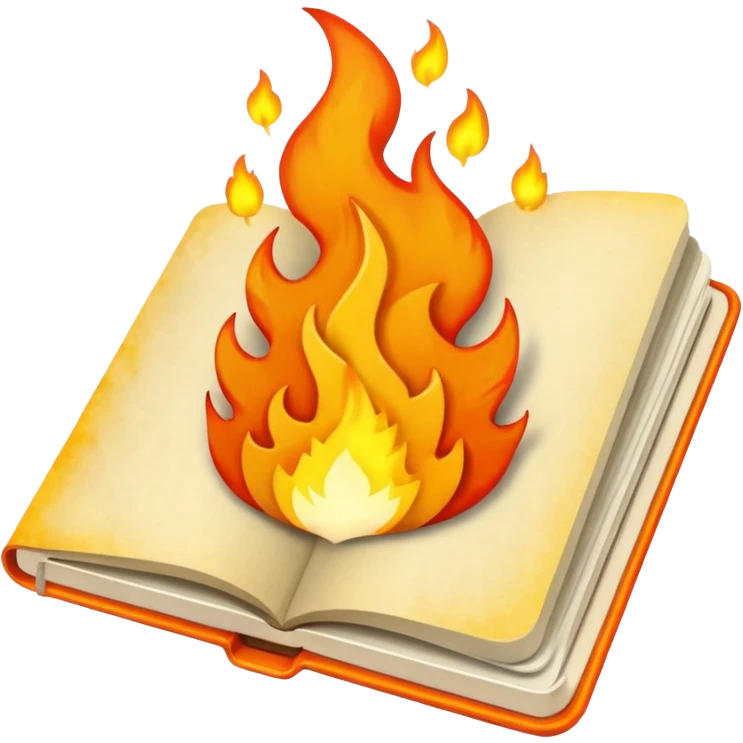 open notebook with rising flames above emoji