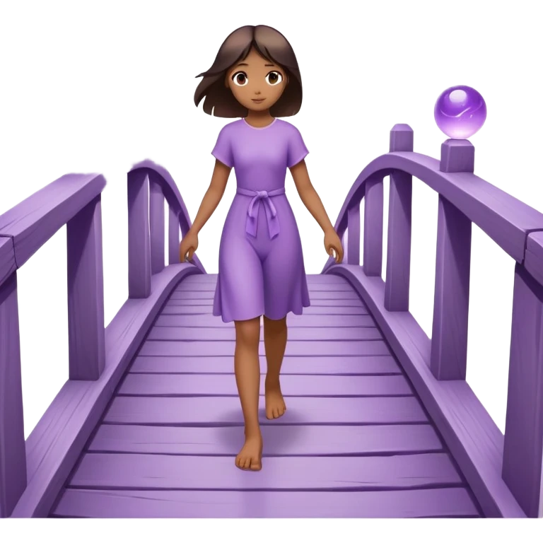 A small figure walks back broken bridge, holding soft 2 violet orbs in hand—symbolizing compassion and forgiveness. A gentle heart aura trails behind them, showing healing in motion. emoji