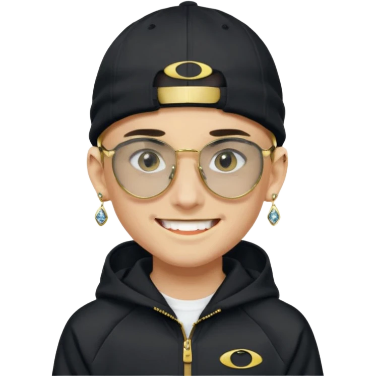 un emoji de un chico emcapuchado blanco, con gorro kalenji, dientes de oro, com uma chaqueta negra nike tech y unas gafas de oakley, con pendientes de diamante, que las gafas sean estilo cuadradas, los pendientes q no se cuelguen, que sean redondos, en las dos cejas un corte emoji