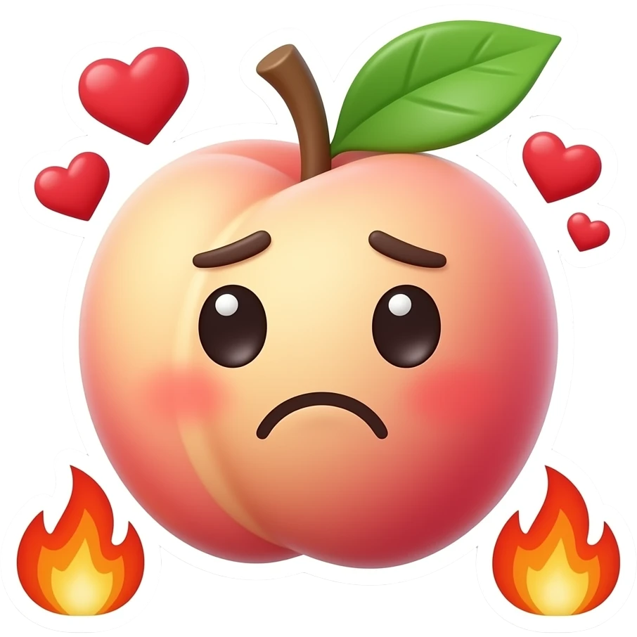 A spicy 3D peach emoji sticker with a red cartoon slap mark, flirty embarrassed expression, tiny hearts and flames around it, funny adult humor style, clean white background, soft shadow, no text, no watermark, non-explicit emoji