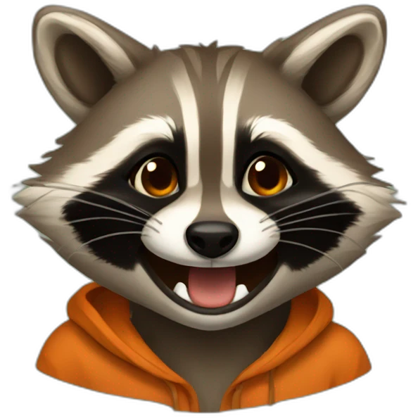 brown raccoon with orange eyes and a dark green hood that is laughing emoji