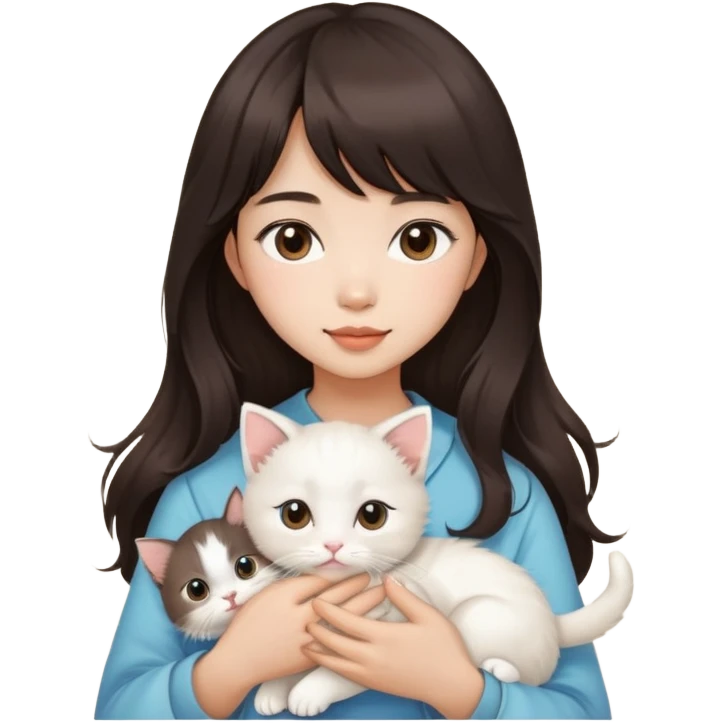 Asain girl with long wavy dark brown hair and bangs carrying a white kitten  emoji