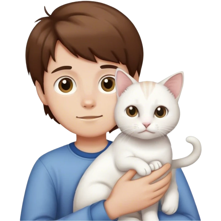 Boy with brown hair holding white cat emoji