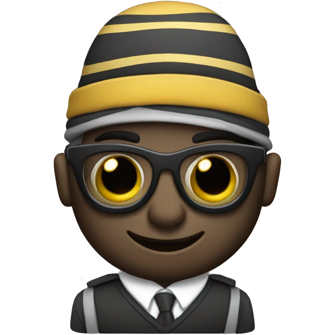 ladrón con antifaz, camiseta a rallas, gorro negro y bolsa de dinero emoji