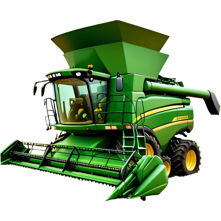 John Deere S780 (2021) – Cinematic-realistic John Deere S780 combine harvester, its bold green frame towering over golden wheat fields. The powerful header swallows crops effortlessly as grain fills the tank, while the setting sun casts a warm glow over the vast farmland. emoji