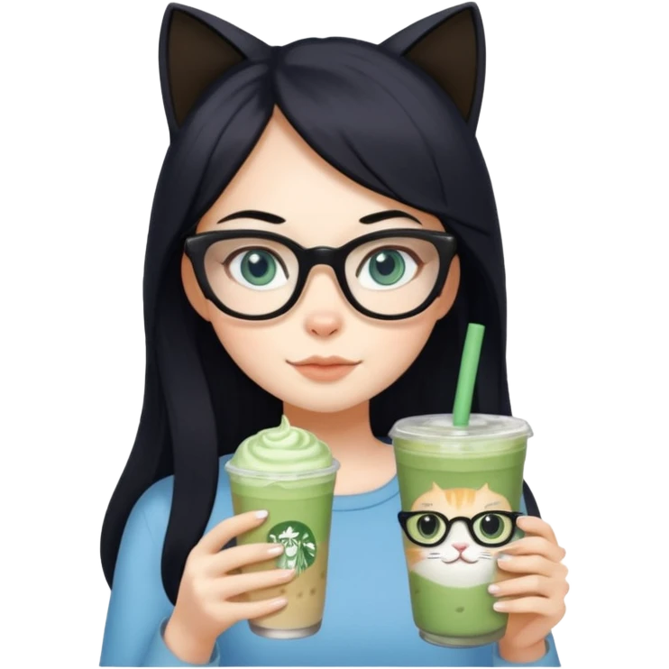 white girl with cat-eye glasses, long black hair and grey-blue eyes holding iced matcha latte emoji
