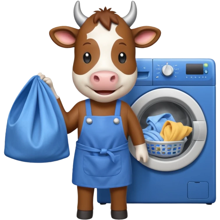 cartoon cow loading laundry into a washing machine emoji