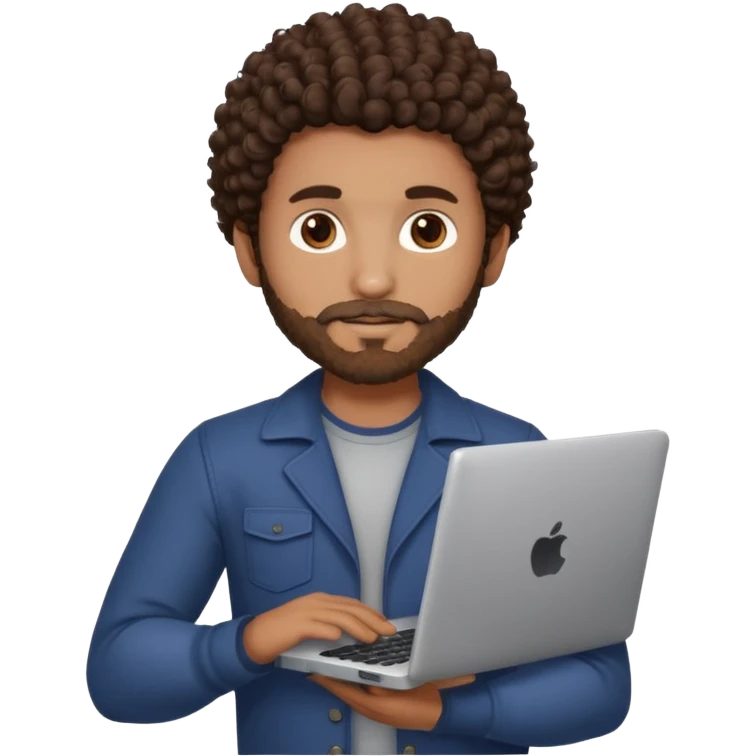men holding his computer in hands. light brown skin men with curly dark brown hair, brown eyes, little grown beard. ust a tiny bit muscular. dressed casual. round face. emoji