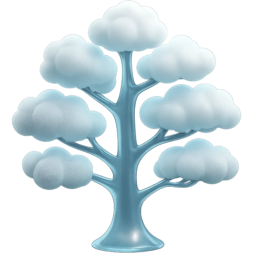 one tree with many branches, trunk made of small very bright white fluffy convex clouds, matte glass style emoji
