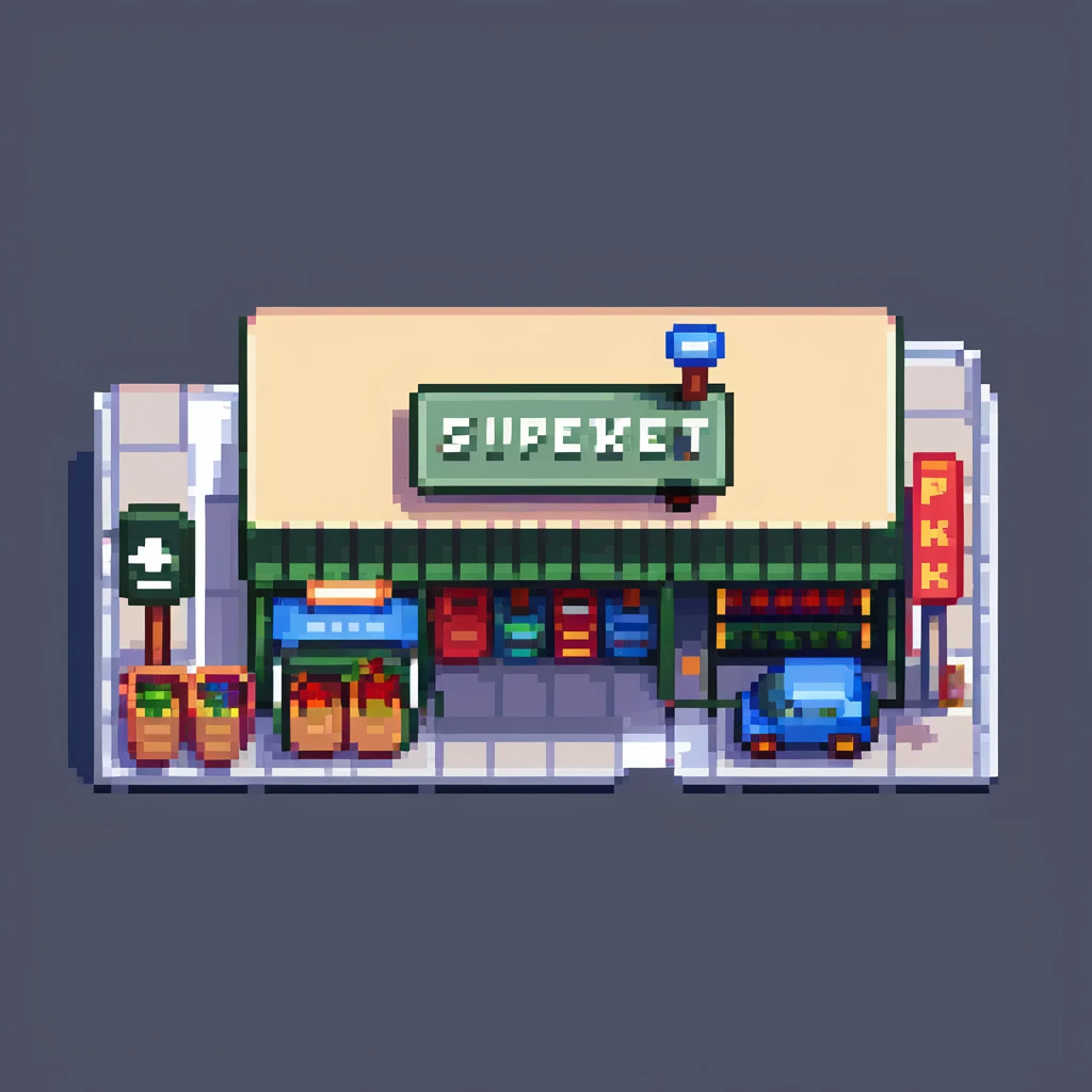 Isometric view of a supermarket building exterior with parking lot, shopping carts, and store sign emoji