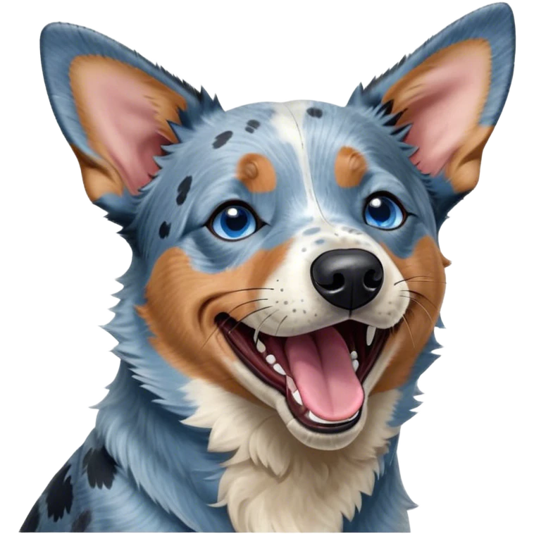 Cinematic Cute Yawning Blue Speckle Australian Cattle Dog Portrait Emoji, Head tilted slightly with a dramatic, wide-open yawn, showcasing a sleek blue speckle Fur with distinct markings, floppy ears slightly drooping, round blue eyes barely open in drowsy contentment, Simplified yet irresistibly adorable features, highly detailed, glowing with a soft, cozy glow, high shine, relaxed yet expressive, stylized with a touch of whimsy, bright and endearing, soft glowing outline, capturing the essence of a sleepy yet affectionate herder, so drowsy it feels like it could stretch out of the screen and curl up for a nap! emoji