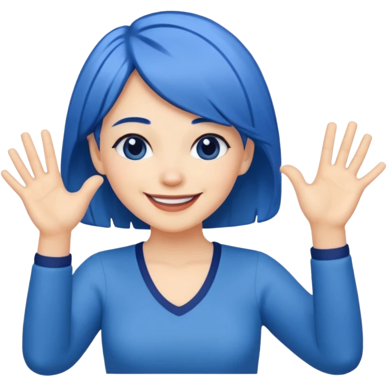 Woman with medium length blue hair doing jazz hands emoji