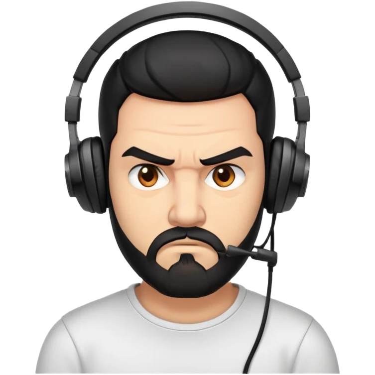 Furious man with furrowed brows, scowling face, black hair, brown eyes, black beard wearing a gaming headset emoji