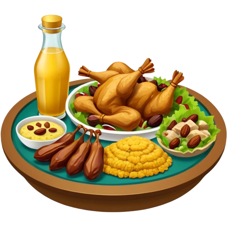Make an iftar box for Ramadan with dates, jilapi, khichuri, salad, chicken and sharbat. Make an emoji of these. emoji