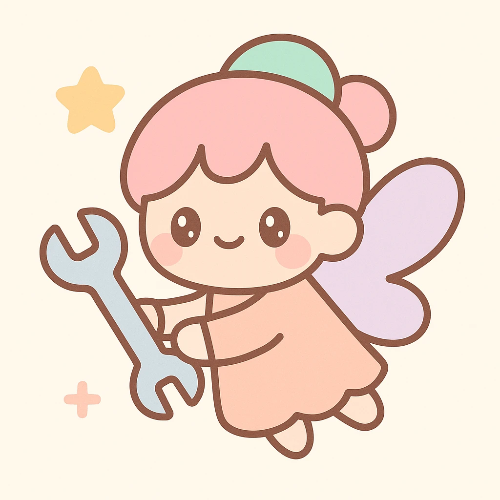 a tiny pink fairy fixing something with a wrench, kawaii style emoji