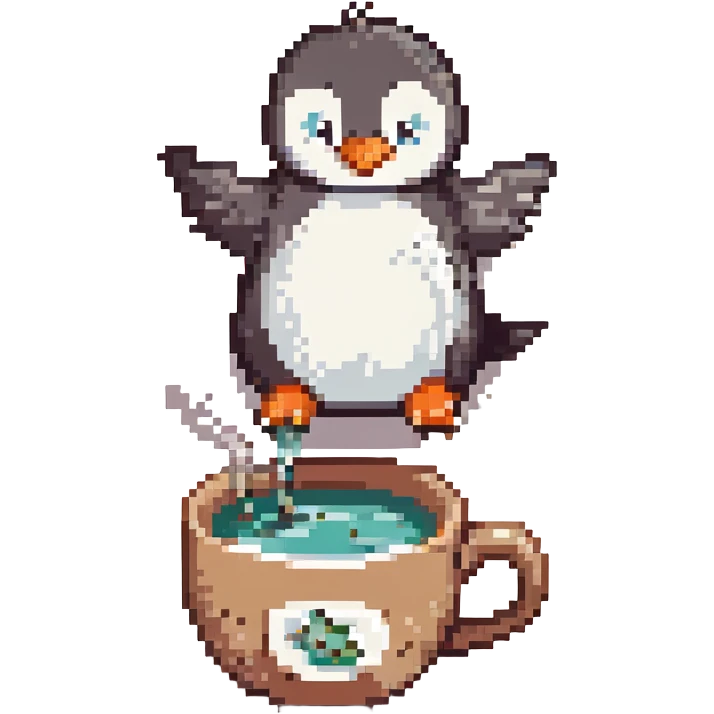 A cute penguin flying in a hot desert, next to a large steaming cup of tea, pixel art style emoji