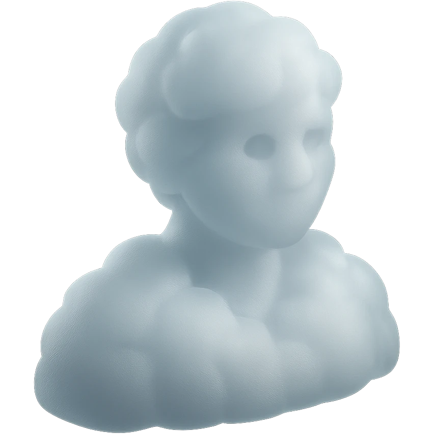 front view portrait of a person made of white fluffy clouds, shoulders up, matte glass style emoji