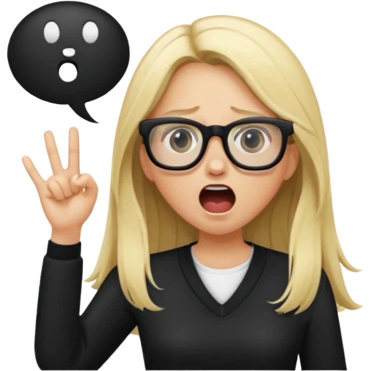 blonde girl with long hair, white glasses, black clothes, shouting bad words emoji
