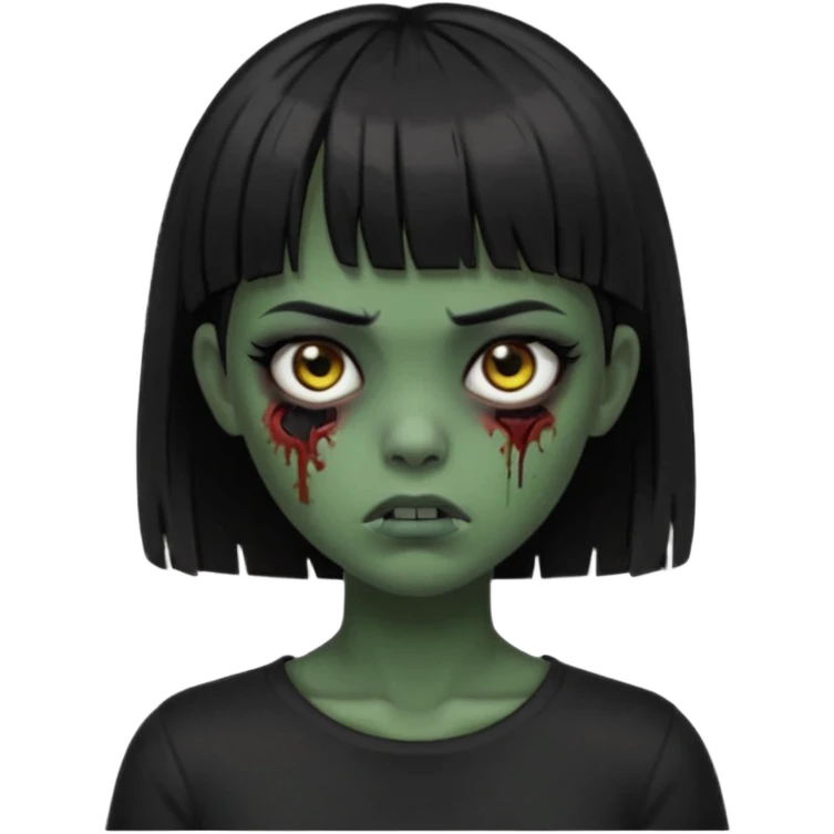 Zombie girl emoji verde escuro com cabelo curto liso preto no ombro e franja na altura da sobrancelha cobrindo completamente a testa, usando uma blusa preta, com a cor dos olhos sendo PRETOS  emoji