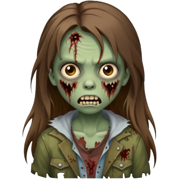 Girl zombie with brown long hair with teeth and serious face emoji