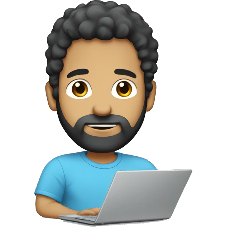 white guy with beard black hair big nose thin face typing in laptop wearing sky blue t-shirt emoji