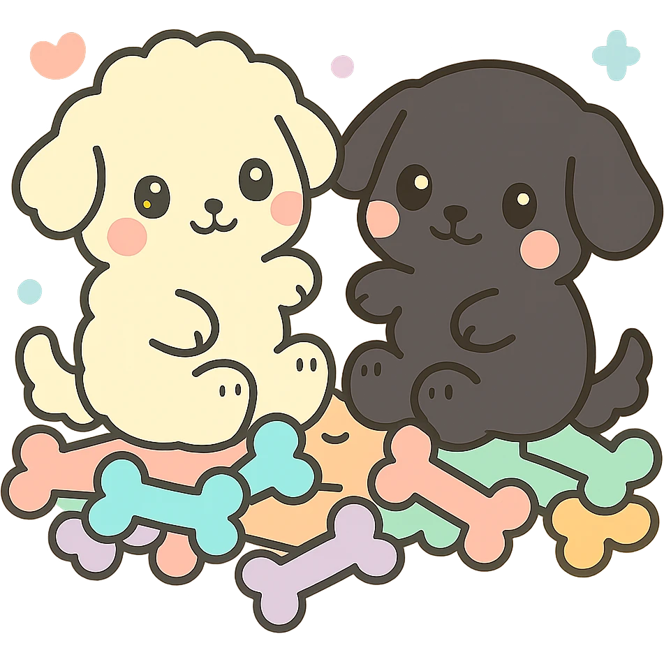 Darken the outlining on the small black dog to make it stand out more, keeping the kawaii chibi style. Leave the large dog and the pile of colorful bones unchanged. Transparent background. emoji