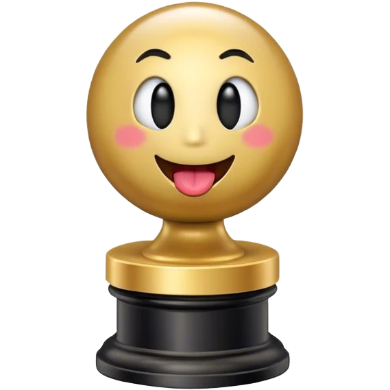 An Oscar statuette with a black base and a smiling round emoji face for the head, with its tongue sticking out. The emoji face should have no rosy cheeks. emoji