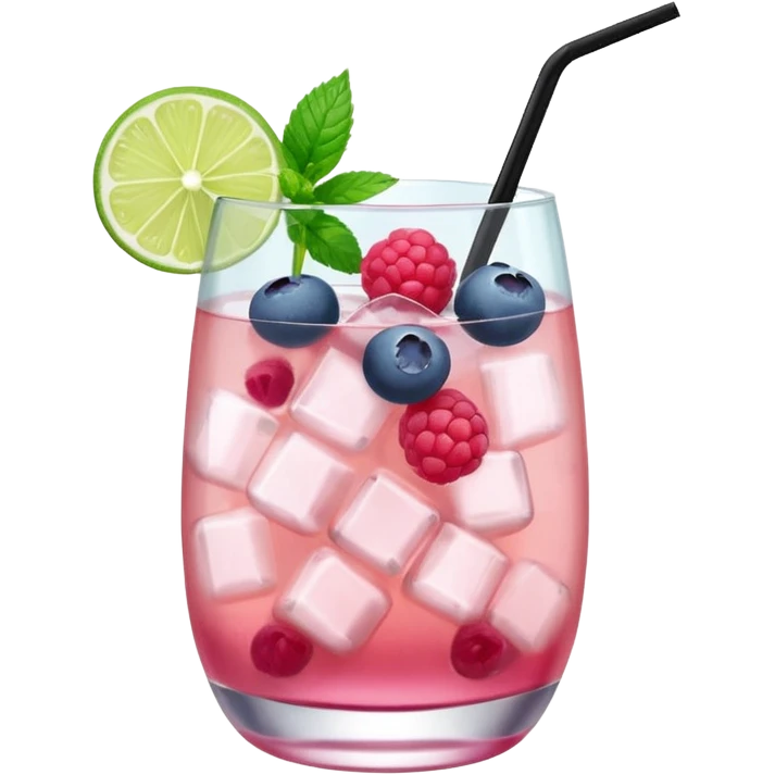pastel pink cocktail in a rounded clear glass, the drink contains visible raspberries and blueberries (not too many)inside with light foam at the top. garnished with a fresh green mint sprig (quite big) and a lime wedge on the rim. add a black straw. emoji