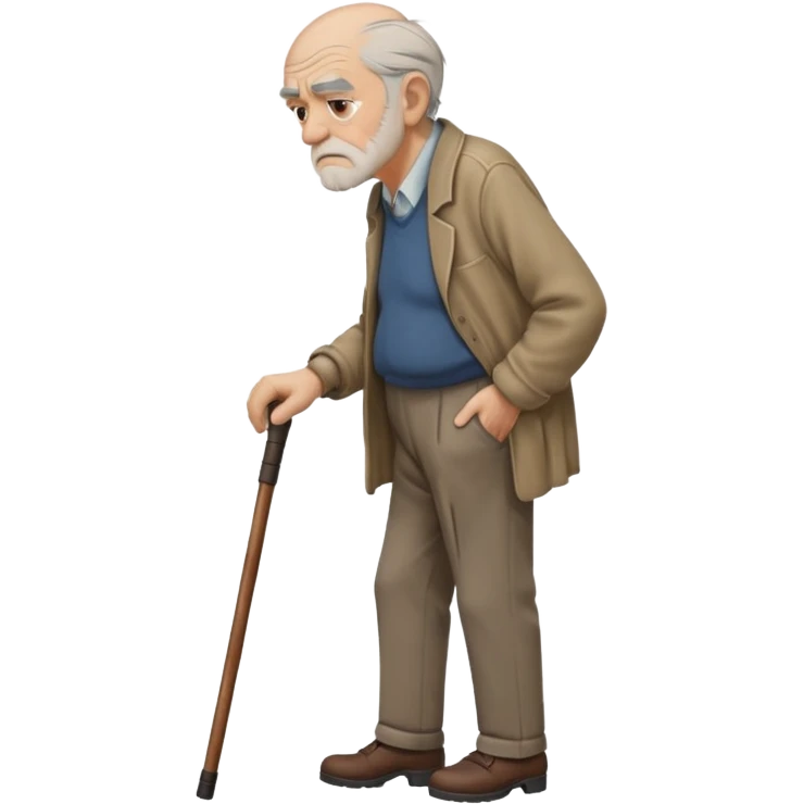 Old man leaning on a walking cane and holding his crancky back with his hand, grumpy face, detailed. Side view with the man going right emoji