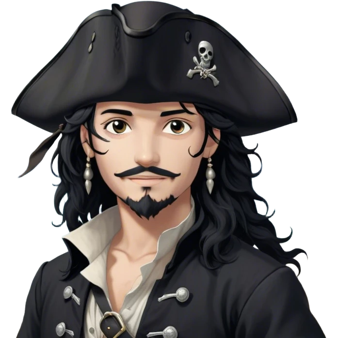 A charismatic pirate with wavy black hair that falls just past his shoulders, tousled slightly by the sea breeze. He wears a black tricorn hat with subtle silver embroidery along the edges, casting a shadow over his sharp, confident features. His piercing dark eyes glint with mischief as he gazes to the side, a knowing smile playing at his lips. His well-fitted black coat, adorned with polished silver buttons and intricate stitching, moves slightly with the wind, revealing glimpses of a deep-crimson waistcoat underneath. A silver chain dangles from his belt, catching the dim golden light of the setting sun. His posture is relaxed yet assured, exuding effortless charm as if he owns the sea itself. emoji