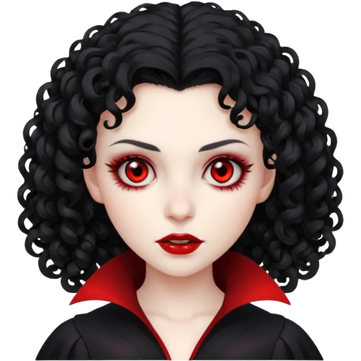 vampiro, cabelos cacheados pretos, pele pálida, olhos vermelhos, sexo feminino emoji