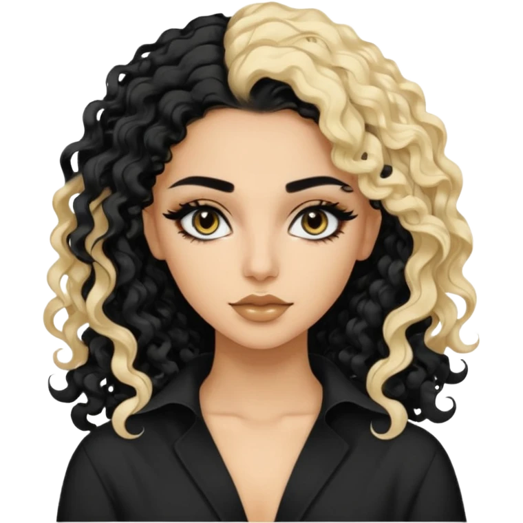 Pale Saudi beauty, pretty baddie, black eyeliner, split dye leftside blonde rightside black curly hair emoji
