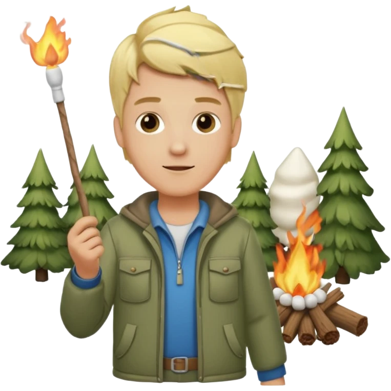 bşonde male with camping clothes holding marshmallow stick emoji
