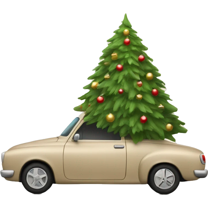 a beige car carries a beautiful Christmas tree emoji