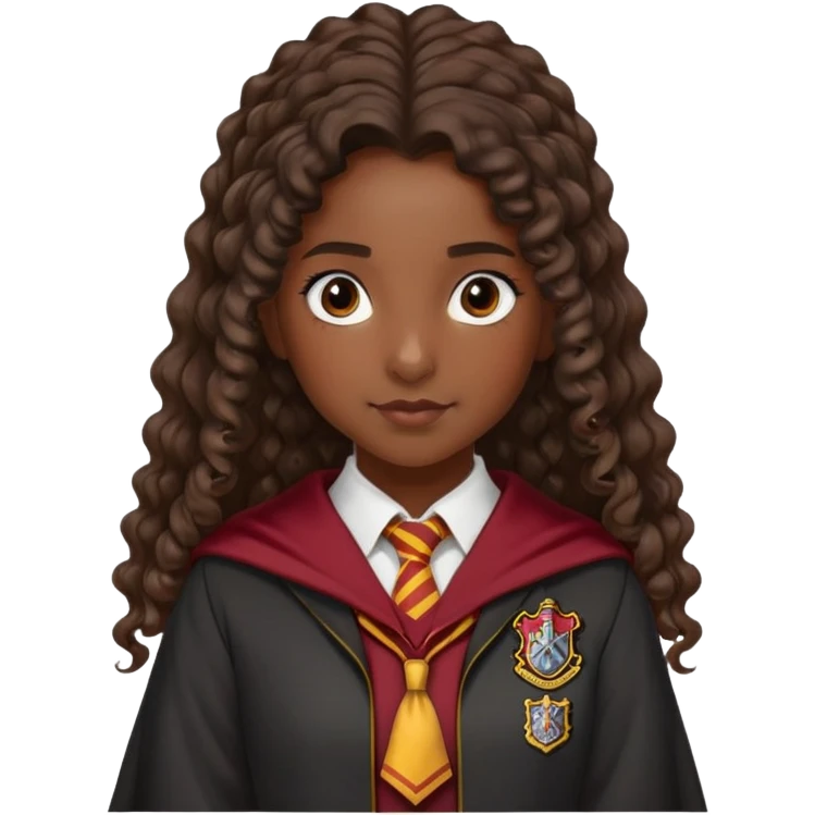 Alicia Spinnet in harry potter, wear hogwarts gryfindor uniform, long, dark, curly or wavy, ponytail hair, dark skin emoji