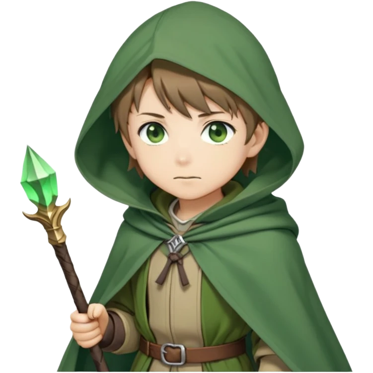 Rudeus Greyrat from Mushoku Tensei, green eyes, short light brown hair, wearing adventurer's outfit with a green cloak, holding a staff, confident and curious expression emoji