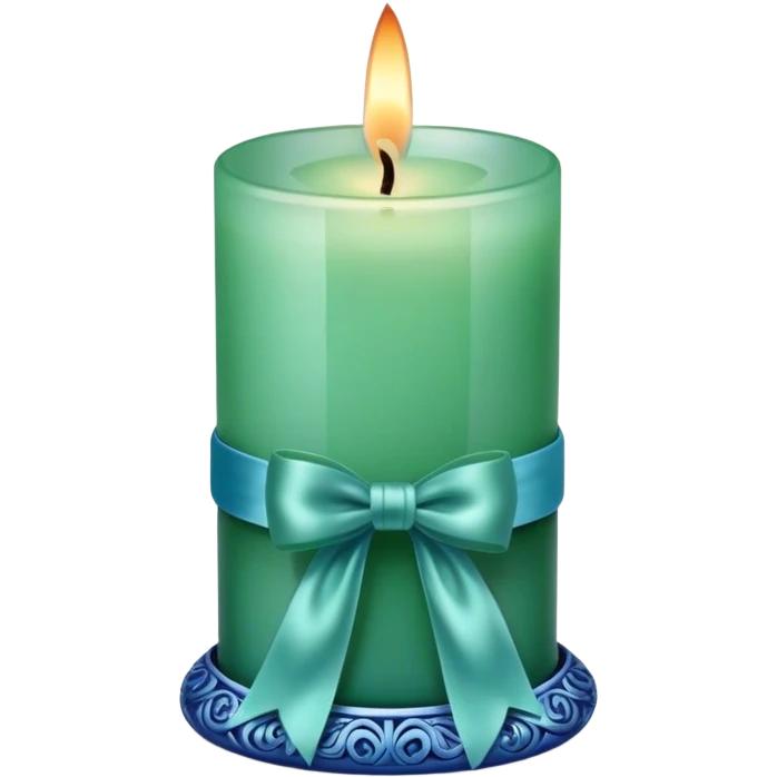 A soft blue candle in an ornate green glass holder, tied with a delicate satin blue bow. emoji
