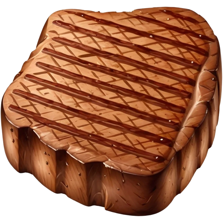A thick, juicy steak with grill marks on the surface, slightly curved edges, and a reddish-brown seared texture. One side may have a white fatty edge or a small round bone. It appears tender, fresh off the grill, with a delicious, smoky look emoji
